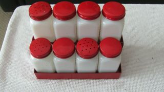 Vintage White Milk Glass Red Caps Cornucopia Sunburst Spice Jars With Rack