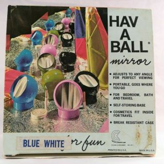 Mid Century Hav - A - Ball Mirror Portable Self Storing Base Blue And White Usa Made