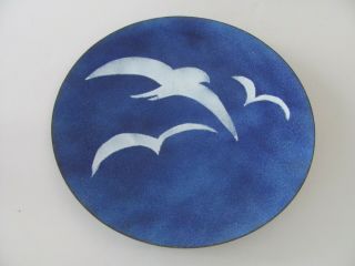 Mid Century Enamel Wall Plaque Plate Blue With Soaring Seagulls