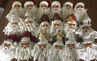 Set 18 3d Vintage Santa Claus Head Face Christmas Ornaments Gnomes Yarn Beard