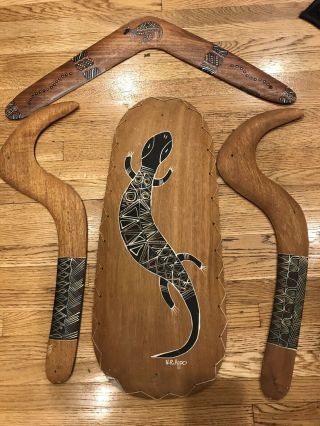 Vintage Australia Wood Boomerang Aboriginal Tribal Art W/ Kangaroo Wallaby