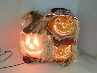 Gemmy Fiber Optic Jack O Lantern Trio 3 Pumpkins Scarecrow Halloween Harvest