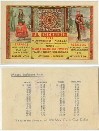 C1930s Mexico City El Incendia Curios Trade Card Charro & China Poblana Costumes