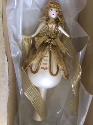 Highly Embellished White & Gold Vtg Lillian Vernon Angel Christmas Tree Topper
