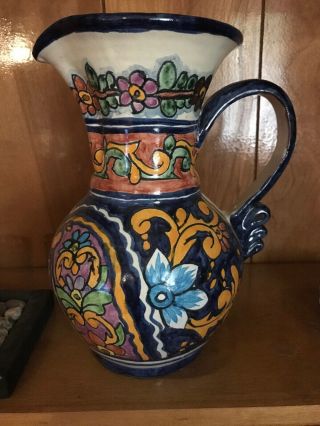Vintage Mexican Folkart Talavera Hand Painted Signed Pottery Pitcher 6 "