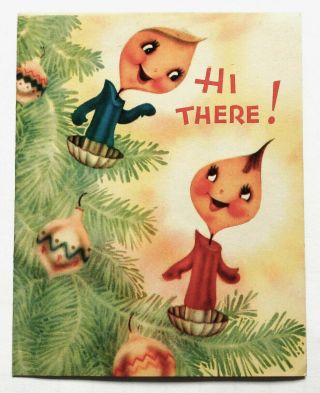 Vtg Card - Cute Couple Of Anthropomorphic Candles On Christmas Tree,  Boy,  Girl - 1940s
