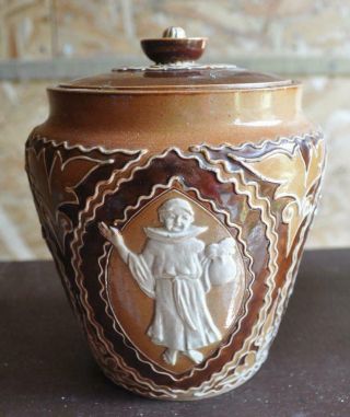 Antique Doulton Lambeth Stoneware " Embossed Monks Drinking " Tobacco Jar