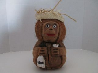 Philippines Islands Coconut Carved Monkey Face Straw Hat Bank Figurine