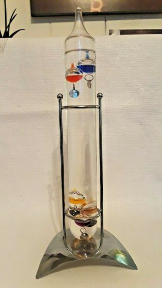 Galileo Glass 12” Thermometer Chrome Stand W/5 Floating Medallions Euc