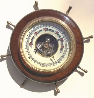 Vintage Wood Brass Nautical Ships Wheel Barometer West Western Germany 7 " Wooden