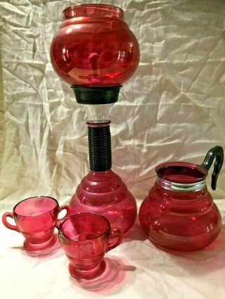 Vintage 6 Piece Red Glass Kent Vacuum Brew Coffee Maker Presentation Set
