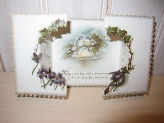 Antique Raphael Tuck & Sons 3 " Square Fold Out Christmas Card,  Bluebirds Flowers