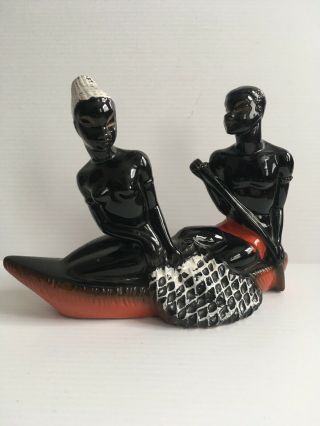 Vintage Mid Century Nude Nubian Fishing Man & Woman African Ceramic Sculpture