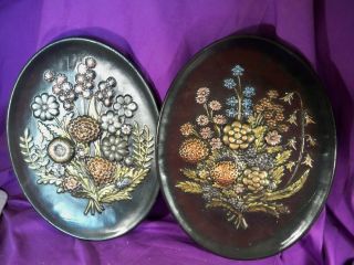 Vintage Set/2 Pair Wall Plaques Floral Ceramic 1974 Hand Painted Oval Large