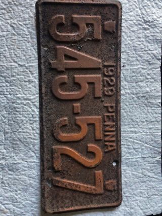 Antique 1929 Pennsylvania License Plate Penna Pa Orange & Black Rare Steel