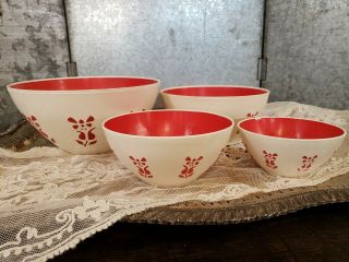 Regaline Nesting Bowl Set Of 4,  Plastic,  U.  S.  A.  Mid - Century Era.  White & Red