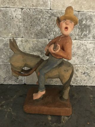 Vintage Carved Wood Cowboy On Horse Figurine - Signed - Simmering And Dated 1984