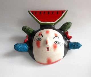 Vintage Hand Created Mexican Coconut Mask - Watermelon Hat With Cactus Woman