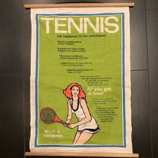 Vtg Linen Wall Hanging Tennis Explained To Uninitiated Retro 70s Kitsch Decor