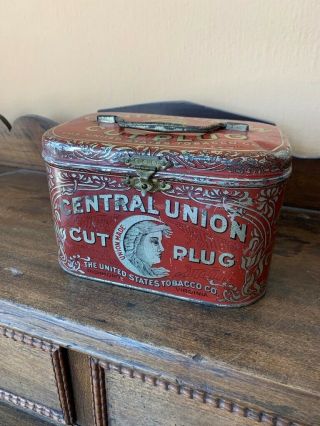Central Union Cut Plug Tobacco Tin Lunch Box Handle Antique Vintage