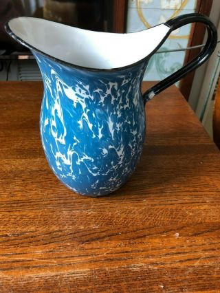 Antique Blue And White Swirl Enamelware Water Pitcher