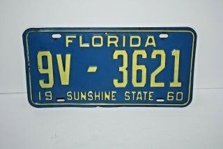 Vintage Florida 1960 Sunshine State License Plate 9v - 3621 Blue