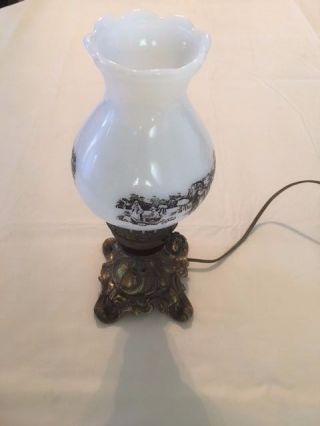 Vintage Currier And Ives Table Lamp Milk Glass Base Electric Lamp 13 "