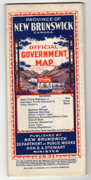 1931 Government Road Map Province Of Brunswick