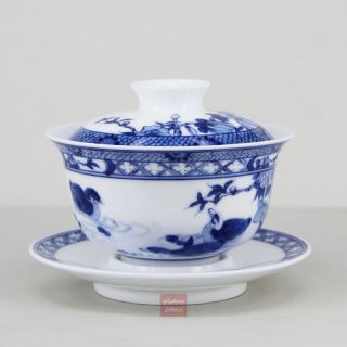 Hand Painted Ducks China Jingdezhen Blue & White Porcelain Gaiwan Tea Cup 100cc