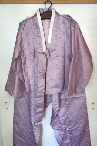 Traditional Korean Silk Hanbok Jacket Trousers Belting Ankle Ties Lavender