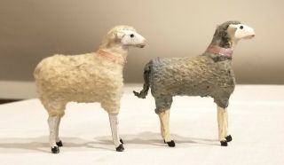 Two Early 1900s Blue Dyed Wooly Sheep.  Wooden Legs,  Wool - Wrapped Body.  German.
