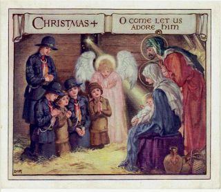 Dir Artist Signed Vintage Christmas Card Girl Guides Religious Scene Mowbrays