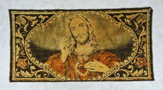 Vintage Tapestry Jesus Christ Sacred Heart Rug Wall Hanging Made In Italy 38x20