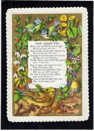 Victorian Year Greetings Card Birds Blue Tits Flowers Verse By Fdw M Ward