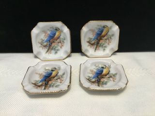 Set Of 4 Porcelain Blue Parrot Bird Mini Ashtrays - Bavaria Germany