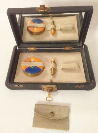 Mini Vanity Box / Travel Case W/ Hand Painted Tins Inside - Circa Early 1900s