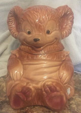 Vintage Pottery Usa 014 Cookie Jar Teddy Bear With Apron Great Shape