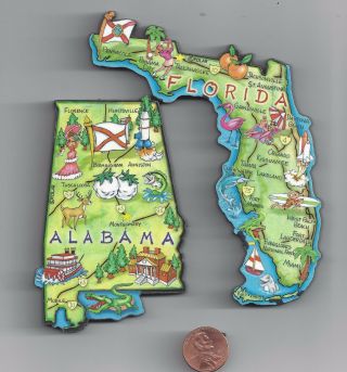 Alabama Al And Florida Fl Jumbo Artwood State Map Magnet Set - 2 Magnets