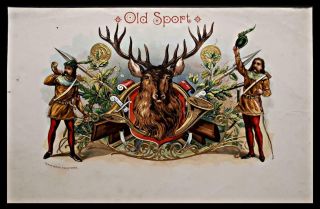 Antique Embossed Cigar Box Label Old Sport Deer Trumpet Hunters