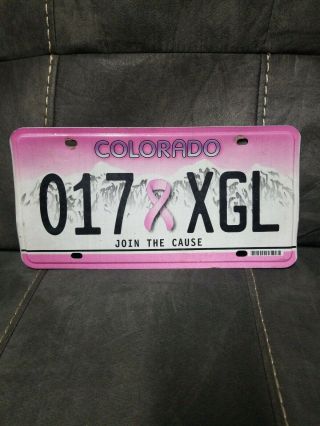 Colorado Graphic License Plate " 017 Xgl " Committed To A Cure For Breast Cancer