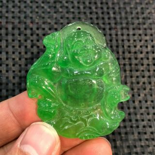 Rare Collectible Chinese Handwork Ice Green Jadeite Jade Laughing Buddha Pendant