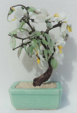 Vtg 8.  5 " Chinese Oriental Jade Stone Bonsai Tree In Pot Yellow Green White 4184