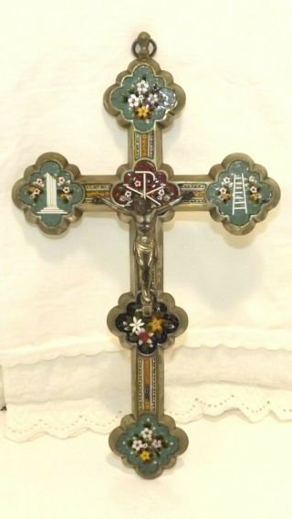 Antique Late 1800s Micro Mosaic Wall Crucifix / 9 1/2 X 5 1/2 "