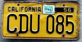 1956 Black On Orange California License Plate With A 1962 Sticker