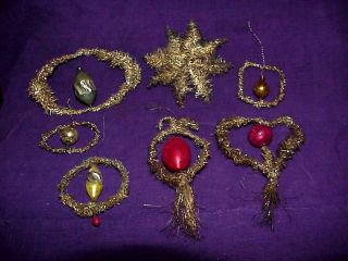 7 German Antique Vintage Tinsel Wire Glass Bead Christmas Ornaments
