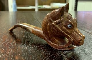 Real Briar Carved Horse Head Pipe With Glass Eyes - Made In France