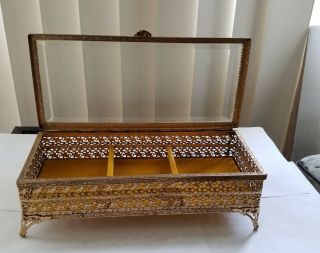 Vintage Ormolu Gilded Vanity Jewelry Box - Casket Beveled Glass - 11 "