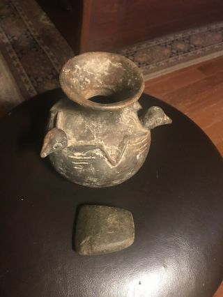 Mississippian Culture Three Bird Effigy Pot (1000 - 1600a.  D. ) And Stone Skinner