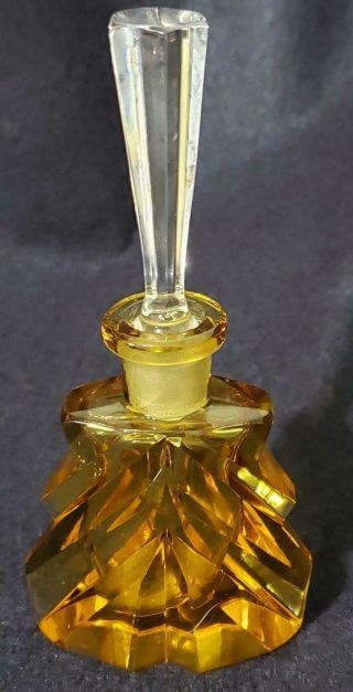 Art Deco Lg Czech Yellow Cut Crystal Perfume Bottle W/stopper As Found