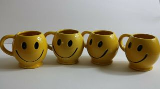4 Vintage 1970 Mccoy Usa Pottery Bright Yellow Black Smiley Happy Face Cup Mugs